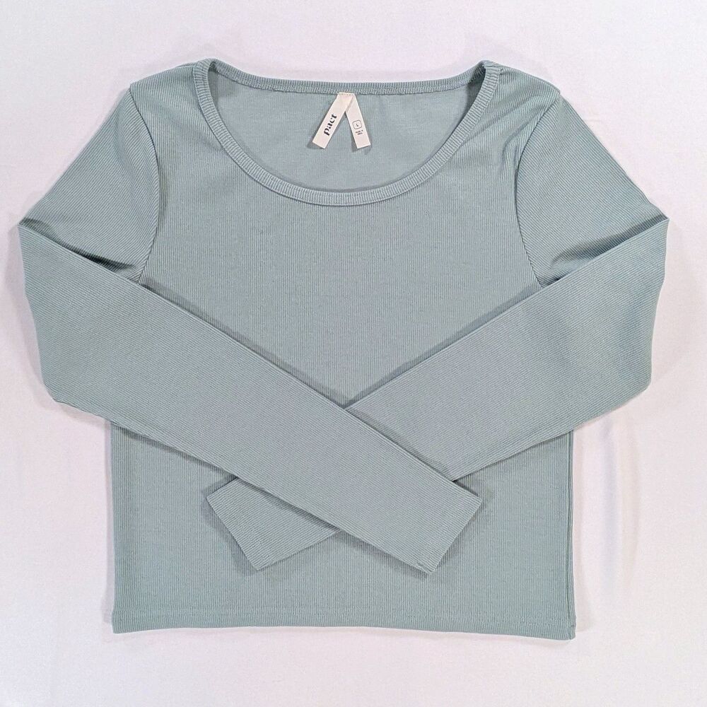 Pact Women’s Sz Large Green Ribbed Organic Cotton Long Sleeve Top Shirt